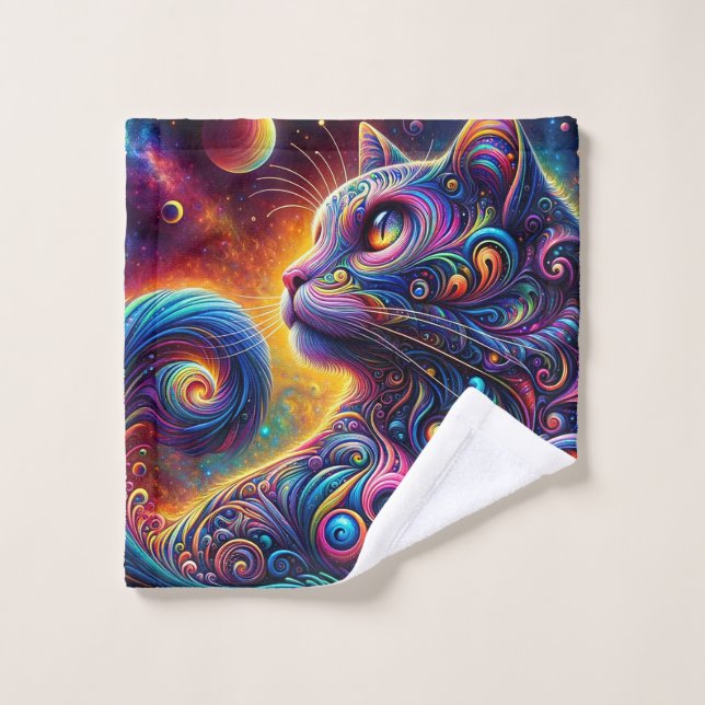Spiral Mystic Galaxy Rainbow Cat Bath Towel Set (Wash Cloth)