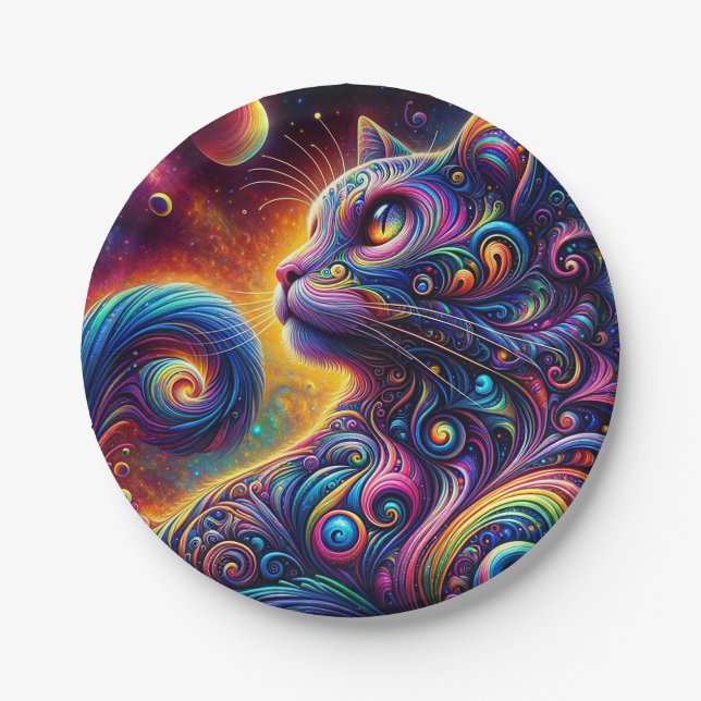 Spiral Mystic Galaxy Rainbow Cat Paper Plate (Front)