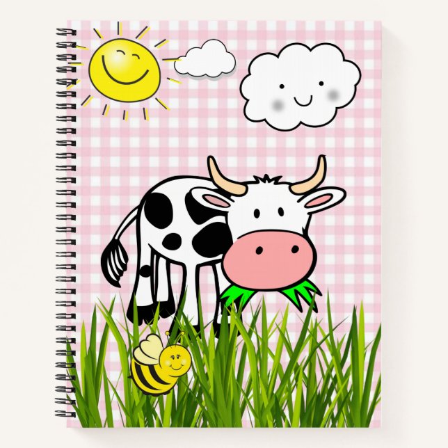Spiral Notebook Cow Pink Plaid Bumblebee  Floral (Front)
