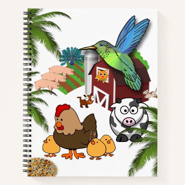 Spiral Notebook Farm Pigs Cows Cat Chickens (Front)