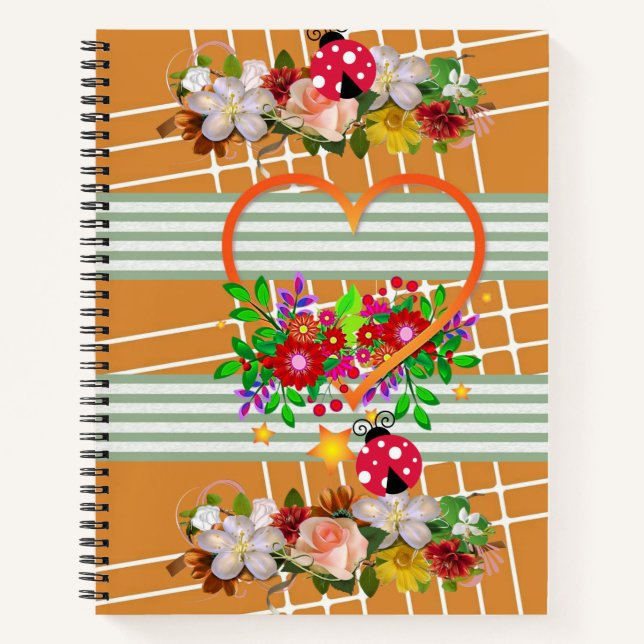 Spiral Notebook Ladybug Orange Heart Floral (Front)