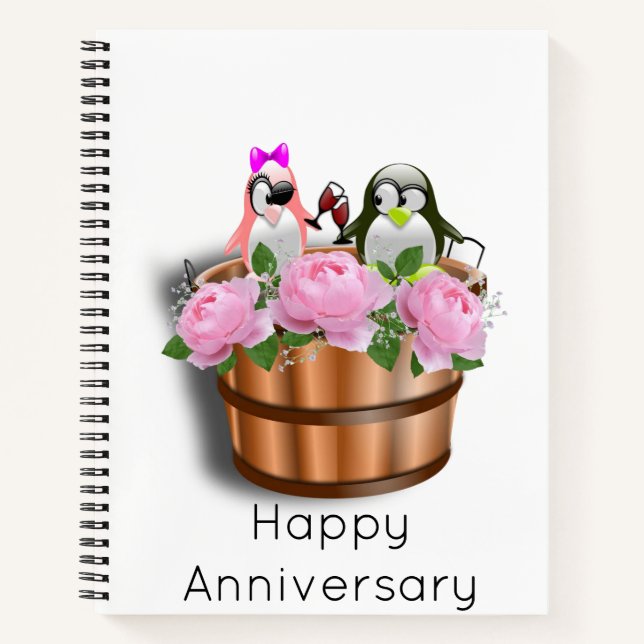 Spiral Notebook Penguin Pink Roses Floral (Front)