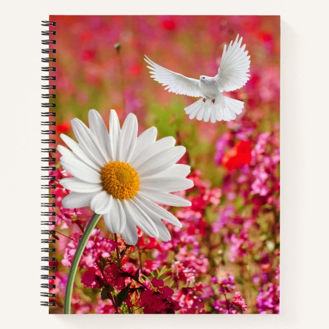 Spiral Notebook Pink Floral White Dove Daisy (Front)