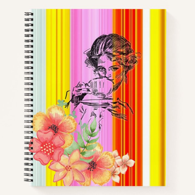 Spiral Notebook Pink Stripe Victorian Woman Floral (Front)