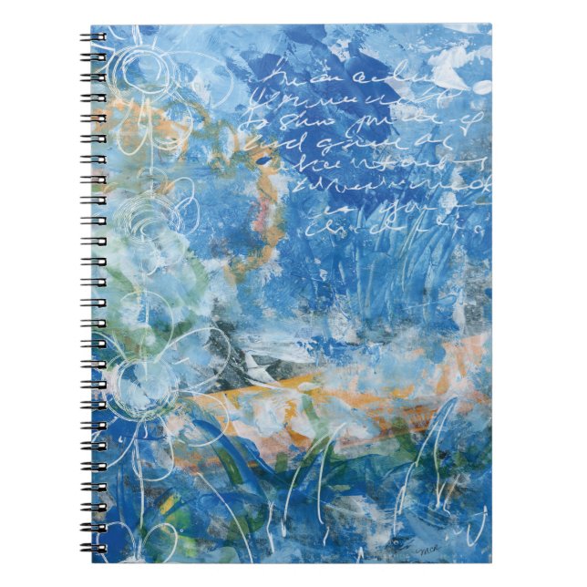 Spiral Notebook with mixed media artwork in blues. (Front)