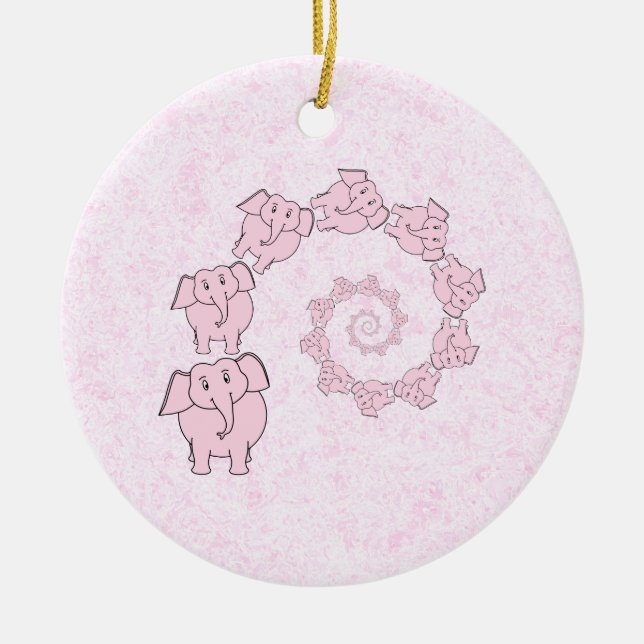 Spiral of Pink Elephants. Pink Background. Ceramic Tree Decoration (Front)