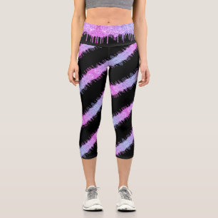 Spiral Purple Glitter Drips Black Leggiings Capri Leggings