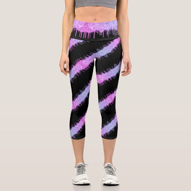 Spiral Purple Glitter Drips Black Leggiings Capri Leggings (Front)