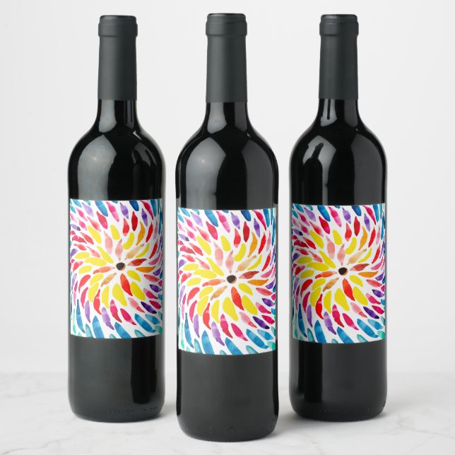 Spiral rainbow watercolor abstract wine label (Bottles)