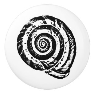 Spiral Seashell Block Print, Black and White Ceramic Knob