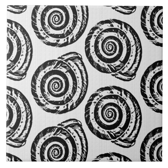 Spiral Seashell Block Print, Black and White Tile (Front)