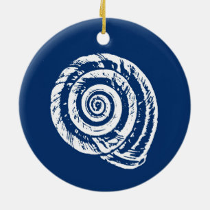 Spiral Seashell Block Print, Cobalt Blue and White Ceramic Tree Decoration
