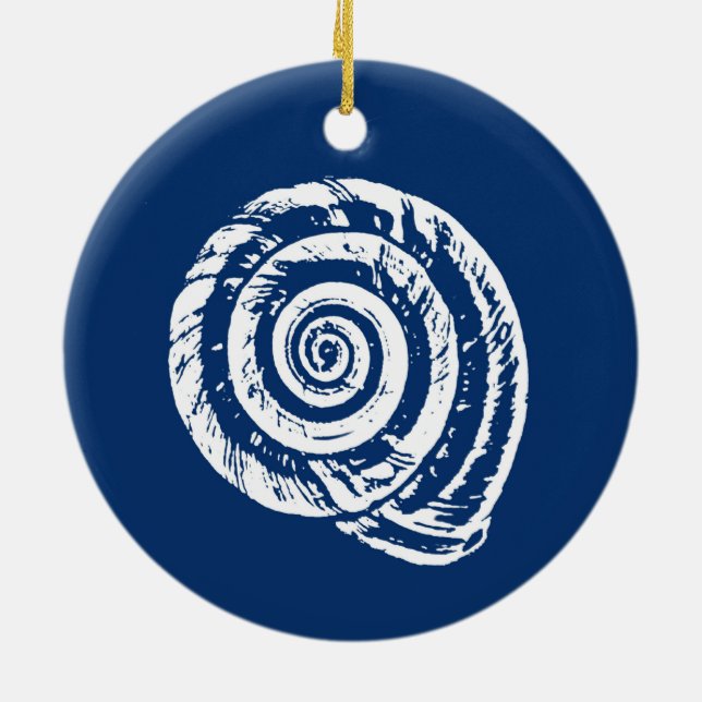 Spiral Seashell Block Print, Cobalt Blue and White Ceramic Tree Decoration (Back)