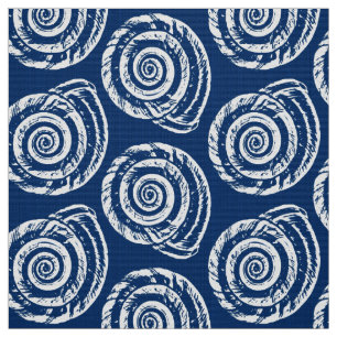 Spiral Seashell Block Print, Cobalt Blue and White Fabric