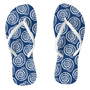 Spiral Seashell Block Print, Cobalt Blue and White Flip Flops