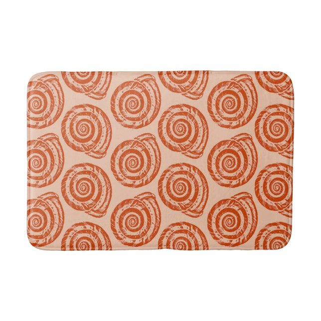 Spiral Seashell Block Print, Coral Orange Bath Mat (Front)