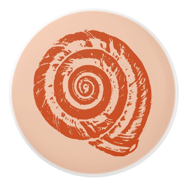 Spiral Seashell Block Print, Coral Orange Ceramic Knob (Front)
