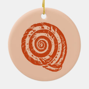 Spiral Seashell Block Print, Coral Orange Ceramic Tree Decoration