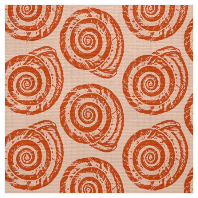 Spiral Seashell Block Print, Coral Orange Fabric (Swatch)