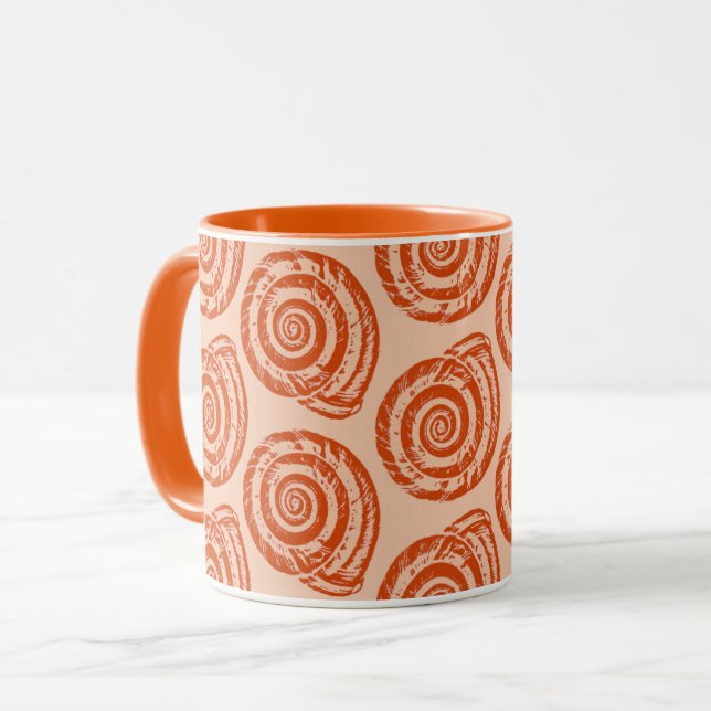 Spiral Seashell Block Print, Coral Orange Mug (Front Left)