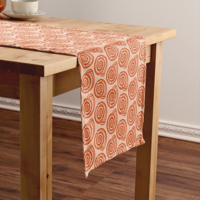 Spiral Seashell Block Print, Coral Orange Short Table Runner (In Situ)