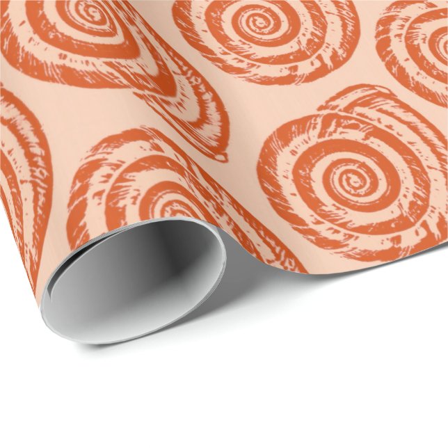 Spiral Seashell Block Print, Coral Orange Wrapping Paper (Roll Corner)