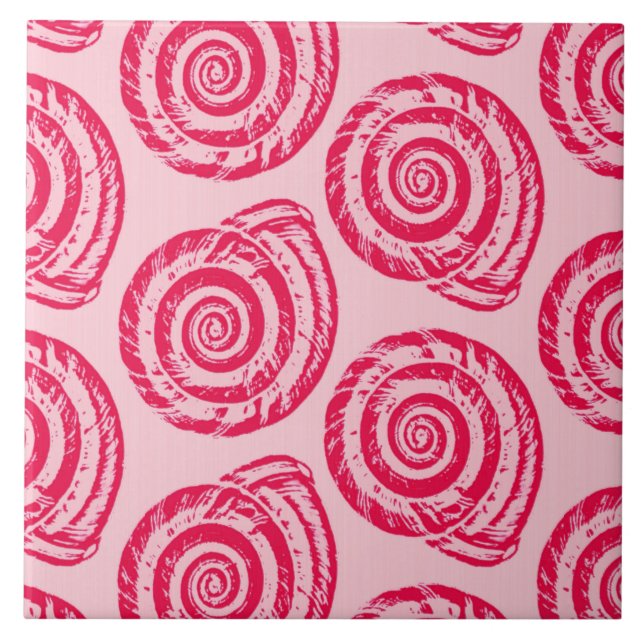 Spiral Seashell Block Print, Coral Pink & Fuchsia Tile (Front)
