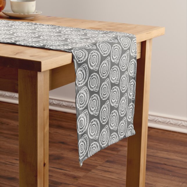 Spiral Seashell Block Print, Grey and White Short Table Runner (In Situ)