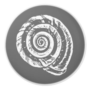 Spiral Seashell Block Print, Grey / Grey and White Ceramic Knob