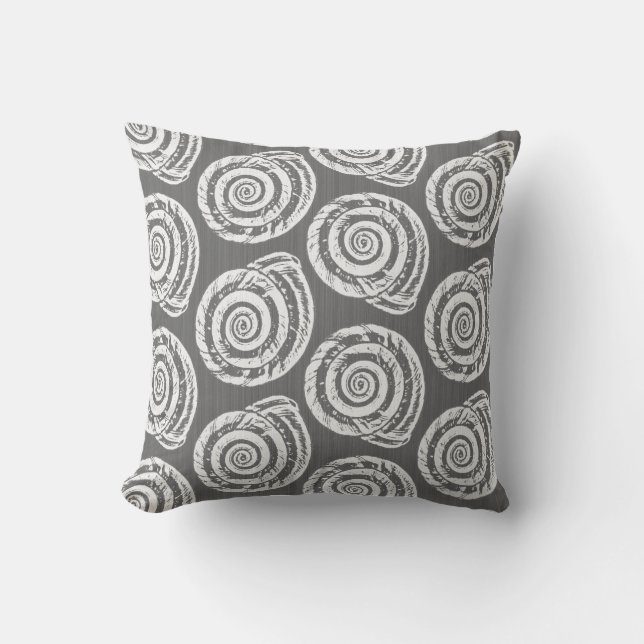 Spiral Seashell Block Print, Grey / Grey and White Cushion (Front)