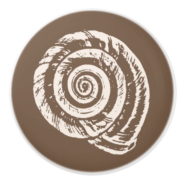 Spiral Seashell Block Print, Taupe Tan and Cream Ceramic Knob (Front)