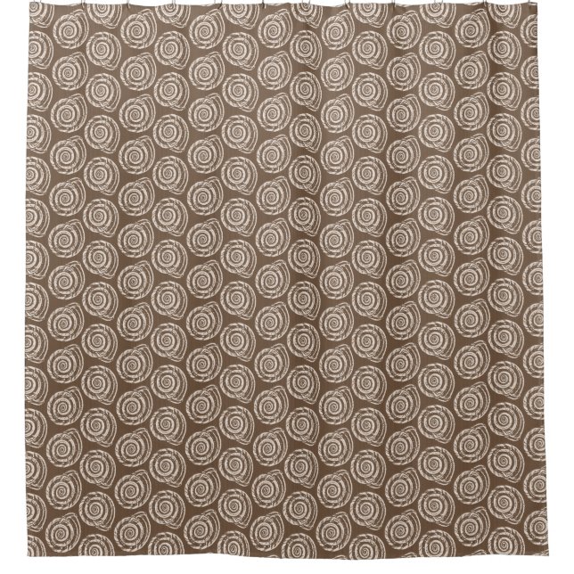 Spiral Seashell Block Print, Taupe Tan and Cream Shower Curtain (Front)