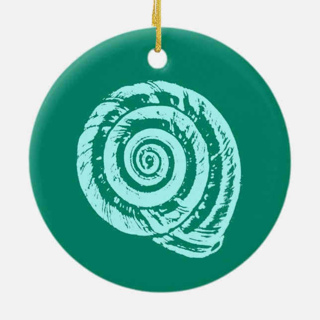 Spiral Seashell Block Print, Turquoise and Aqua   Ceramic Tree Decoration (Back)