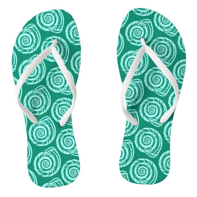 Spiral Seashell Block Print, Turquoise and Aqua Flip Flops (Footbed)