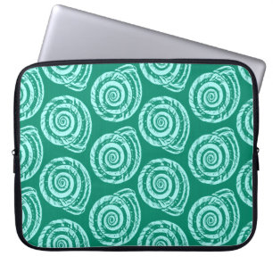 Spiral Seashell Block Print, Turquoise and Aqua Laptop Sleeve