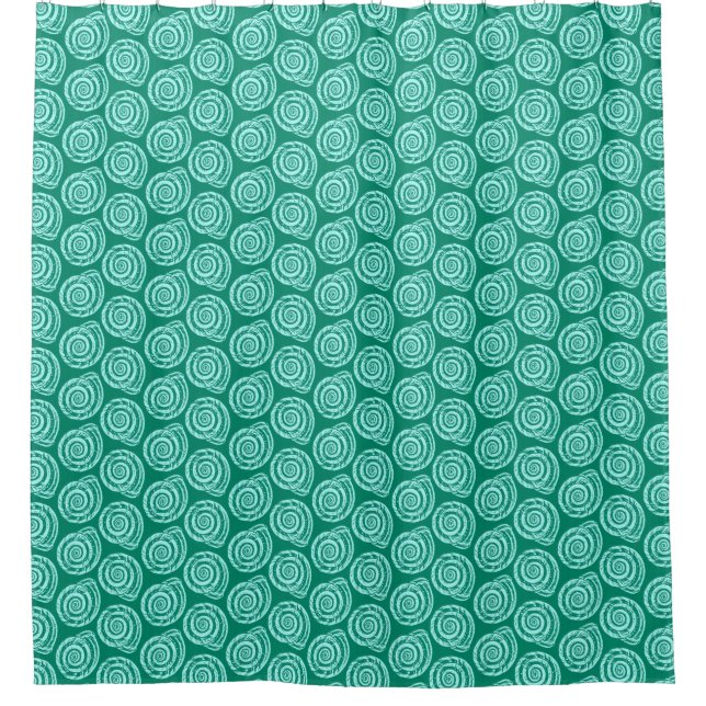 Spiral Seashell Block Print, Turquoise and Aqua Shower Curtain (Front)