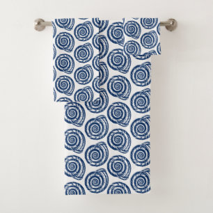Spiral Seashell Block Print, White and Cobalt Blue Bath Towel Set