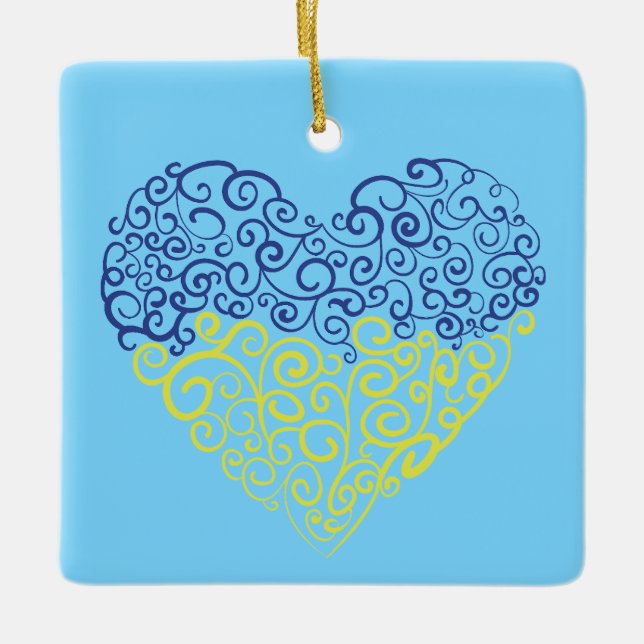 Spiral swirls mehandi heart Ukrainian flag colours Ceramic Ornament (Front)