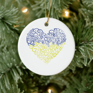 Spiral swirls mehandi heart Ukrainian flag colours Ceramic Tree Decoration