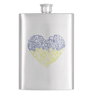 Spiral swirls mehandi heart Ukrainian flag colours Hip Flask