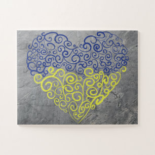 Spiral swirls mehandi heart Ukrainian flag colours Jigsaw Puzzle