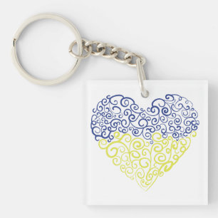 Spiral swirls mehandi heart Ukrainian flag colours Key Ring