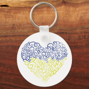 Spiral swirls mehandi heart Ukrainian flag colours Key Ring