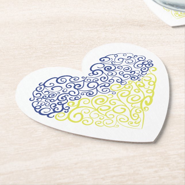 Spiral swirls mehandi heart Ukrainian flag colours Paper Coaster (Angled)