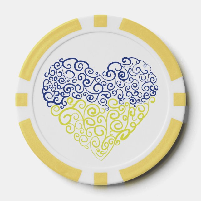 Spiral swirls mehandi heart Ukrainian flag colours Poker Chips (Front)