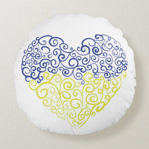 Spiral swirls mehandi heart Ukrainian flag colours Round Cushion