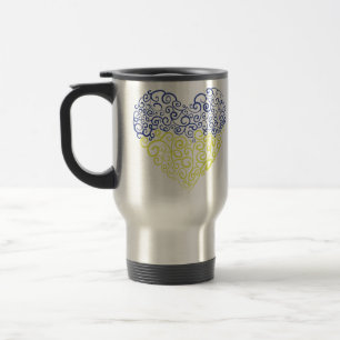 Spiral swirls mehandi heart Ukrainian flag colours Travel Mug