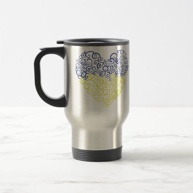 Spiral swirls mehandi heart Ukrainian flag colours Travel Mug (Left)