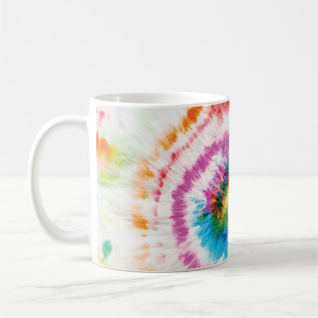 Spiral tie-dye, rainbow swirl pattern coffee mug (Left)