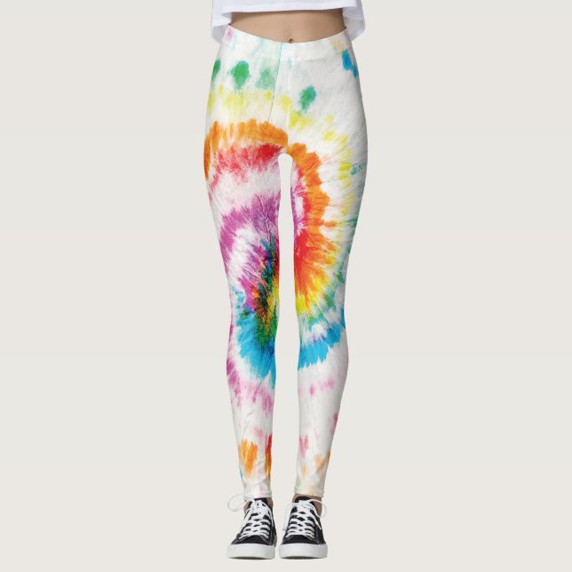 Spiral tie-dye, rainbow swirl pattern leggings (Front)